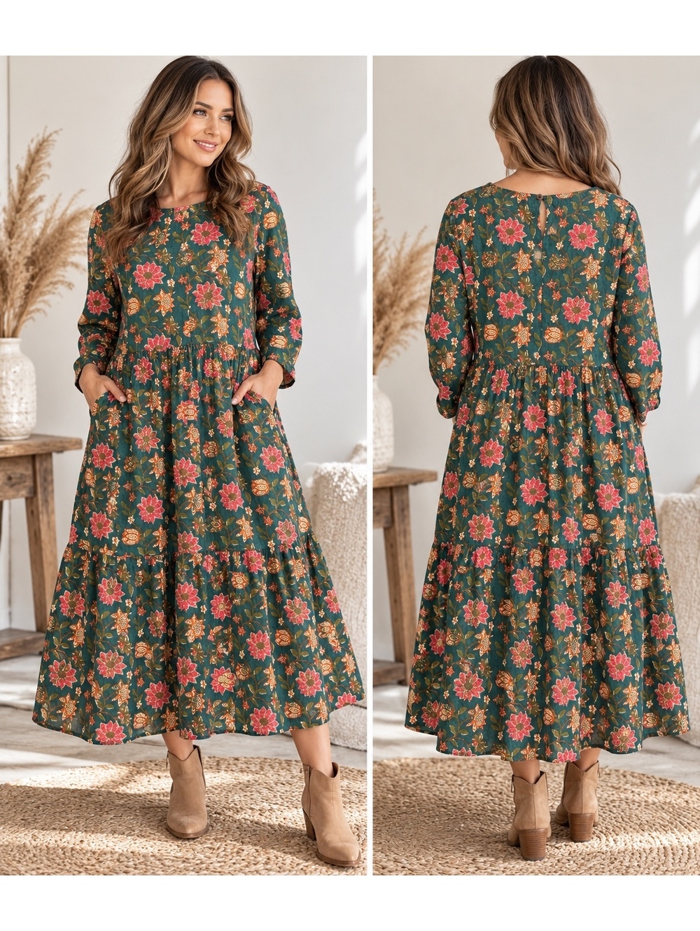 Karma East XL 100% Cotton Floral Tiered Midi Dress Boho Cottagecore Pockets